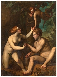 Imagen 1: Adán recibiendo de Eva el Fruto Prohibido”. Pietro Facchetti (Obra copiada de: Salviati, Francesco). Después de 1554. 