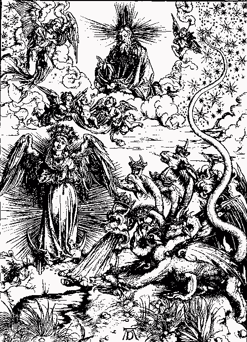Dürer, Albrecht (1471-1528). La mujer vestida de sol y el dragón de siete cabezas
