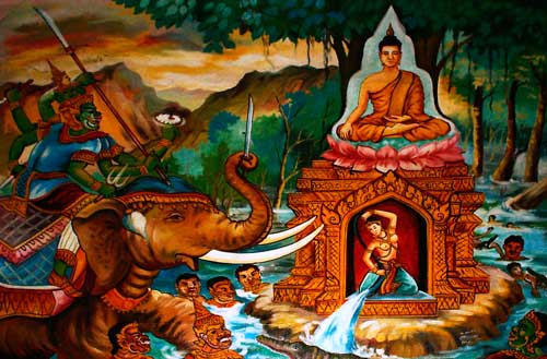 Imagen: Mara tratando de perturbar a Buda (Pintura en el monasterio de Laos) origen Wikipedia