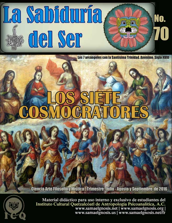 Portada: Los 7 arcángeles con la Santísima Trinidad. Anónimo. Siglo XVIII. La Sabiduría del Ser. Revista Gnóstica número 70. Los Siete Cosmocratores