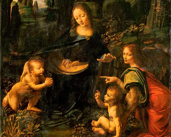 La Virgen de las Rocas, Leonardo Da Vinci 1483-1486. El Arcángel Uriel (derecha) aparece junto al niño Jesús