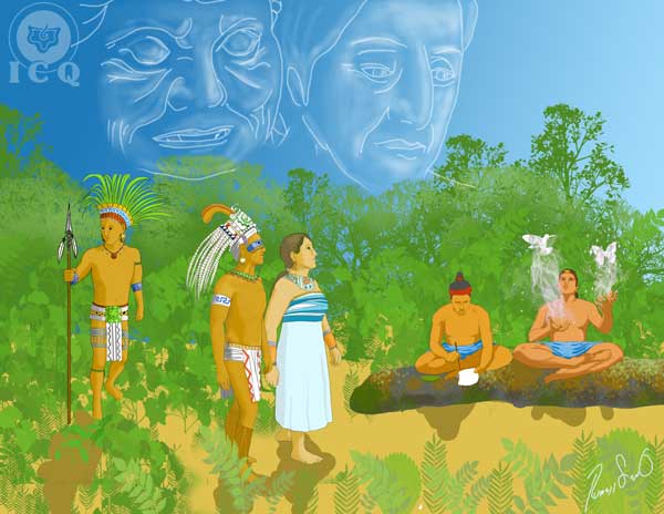 Parte superior “Antiguo Secreto” y “Antigua Ocultadora”, a la izquierda los Magos y sentados los gemelos divinos. Dibujo del libro: “Enseñanzas Secretas del Popol Vuh” Ruben Soto (Gnosis ICQ). Parte superior “Antiguo Secreto” y “Antigua Ocultadora”, a la izquierda los Magos y sentados los gemelos divinos. Dibujo del libro: “Enseñanzas Secretas del Popol Vuh” Ruben Soto (Gnosis ICQ).