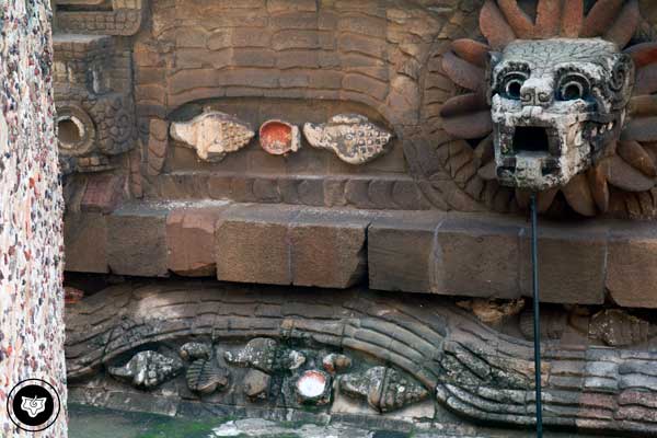 Caracoles entre la serpiente emplumada, en el Templo de Quetzalcóatl. (Teotihuacán). 