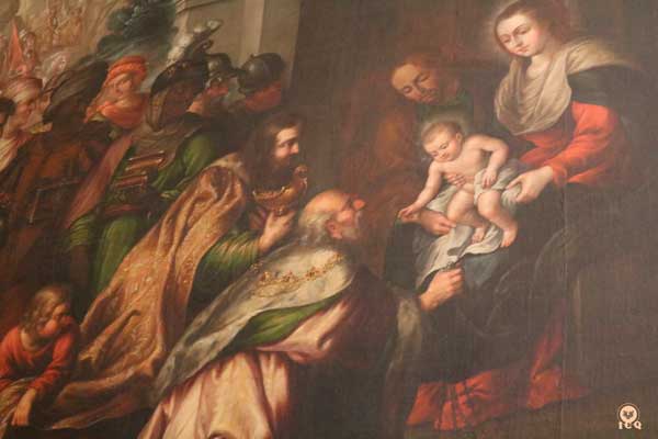 Ofrecimiento de incienso, mirra y oro de parte de los Reyes Magos al niño Dios. (Pintura dentro de la Catedral de Puebla, México).