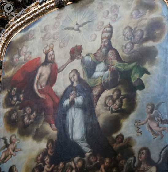 La verdad es atributo del Padre, el amor del Hijo y el poder del Espíritu Santo, estos atributos se los otorgan a la Madre Divina. (Pintura dentro de la Catedral de Puebla, México).
