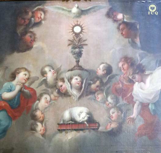 El cáliz sagrado, fragmento de pintura. Catedral de Puebla, México. El cáliz sagrado, fragmento de pintura. Catedral de Puebla, México.