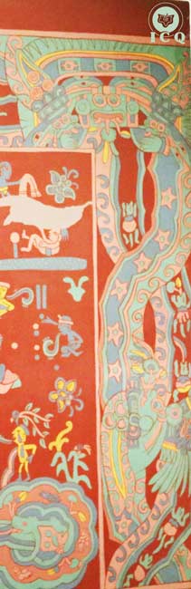 El paraíso del dios de la lluvia Tlaloc (El Tlalocan). En la parte superior Tlaloc del cual emanan corrientes de agua y en una de ellas se aprecian estrellas de cinco puntas. Fragmento de mural. Teotihuacán, México. El paraíso del dios de la lluvia Tlaloc (El Tlalocan). En la parte superior Tlaloc del cual emanan corrientes de agua y en una de ellas se aprecian estrellas de cinco puntas. Fragmento de mural. Teotihuacán, México.