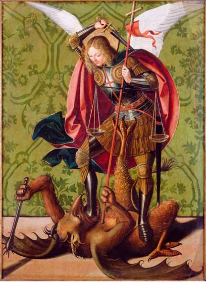 San Miguel derribando al demonio. Josse Lieferinxe. 1493 - 1505