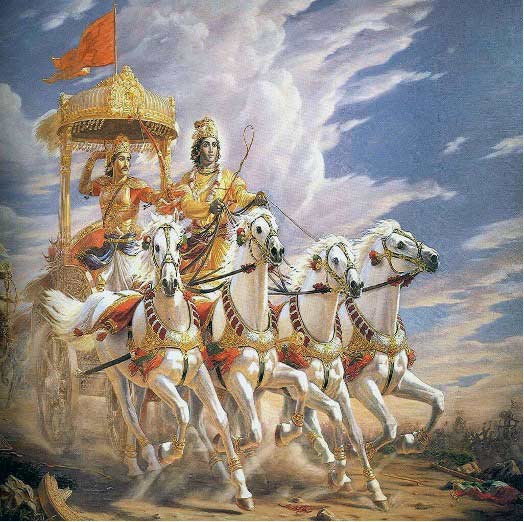 El señor krishna como Auriga y Arjuna en el carro de guerra, imagen de uso común, de autor anónimo. El señor krishna como Auriga y Arjuna en el carro de guerra, imagen de uso común, de autor anónimo.