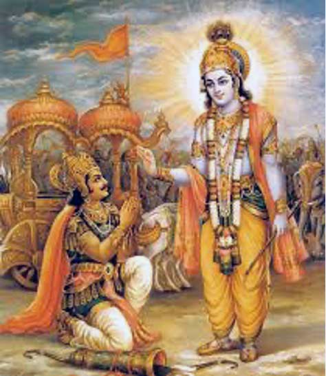 El señor Krishna instruyendo a Arjuna, en Kurukshetra, imagen de uso común, de autor anónimo. El señor Krishna instruyendo a Arjuna, en Kurukshetra, imagen de uso común, de autor anónimo.