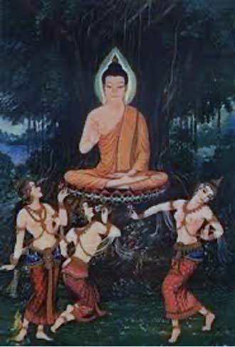 la tentación de Buda por las hijas de Mara es una obra de arte tailandés, autor anónimo y de uso común.