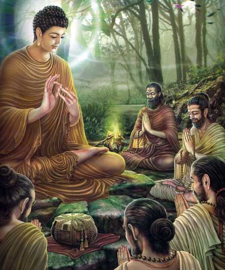 Primer sermón del Buda Gautama en el parque de los ciervos. Pintura para el festival Asalha Puja en Tailandia.