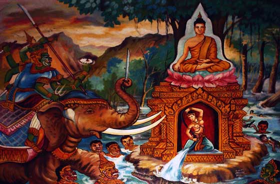Mara, tratando de perturbar a Buda. En algún monasterio de Laos. Mara, tratando de perturbar a Buda. En algún monasterio de Laos.