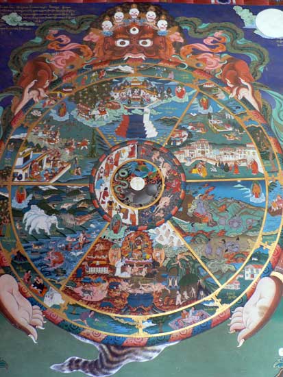 La rueda de la vida y los rayos del saṃsāra (pintura tradicional tibetana)