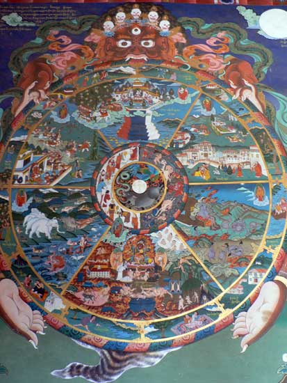 La rueda de la vida y los rayos del saṃsāra (pintura tradicional tibetana) La rueda de la vida y los rayos del saṃsāra (pintura tradicional tibetana)