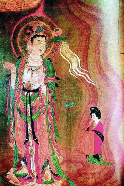 Imagen: Pintura en seda de la dinastía Tang, en la gruta de sutras budistas de Dunhuang, el Bodhisattva guía al alma de una mujer muerta al cielo.