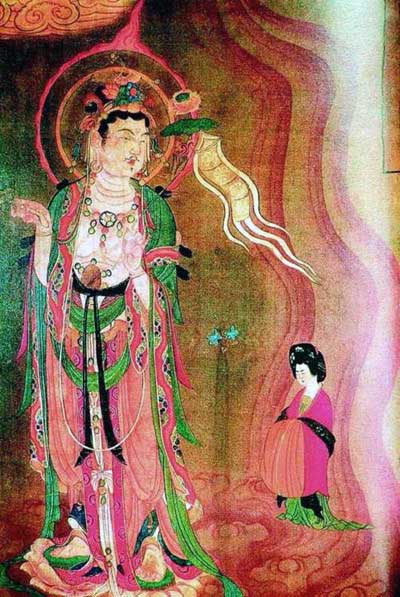 Imagen: Pintura en seda de la dinastía Tang, en la gruta de sutras budistas de Dunhuang, el Bodhisattva guía al alma de una mujer muerta al cielo. Imagen: Pintura en seda de la dinastía Tang, en la gruta de sutras budistas de Dunhuang, el Bodhisattva guía al alma de una mujer muerta al cielo.