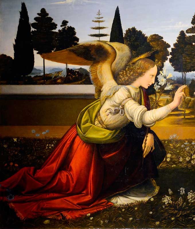 El Arcángel Gabriel en la pintura Anunciación (fragmento). 1472-1475. Leonardo da Vinci.