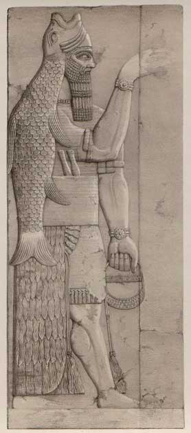 Oannes, el dios pez de las culturas caldea, babilónica y sumeria. Dibujo de un relieve de artista desconocido1853