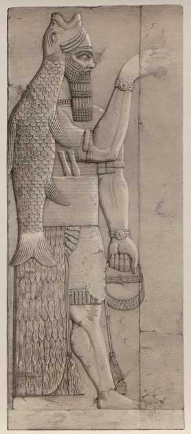 Oannes, el dios pez de las culturas caldea, babilónica y sumeria. Dibujo de un relieve de artista desconocido1853 Oannes, el dios pez de las culturas caldea, babilónica y sumeria. Dibujo de un relieve de artista desconocido1853