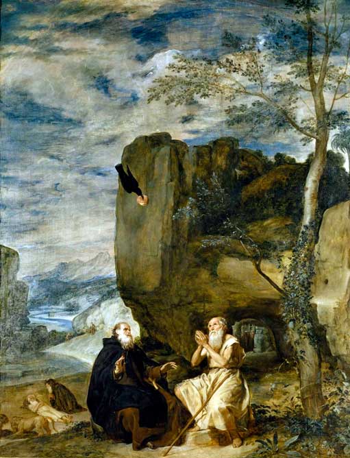 “San Antonio Abad y San Pablo”. Diego Velázquez (1634). Un cuervo lleva diariamente una hogaza de pan a San Pablo.
“San Antonio Abad y San Pablo”. Diego Velázquez (1634). Un cuervo lleva diariamente una hogaza de pan a San Pablo.