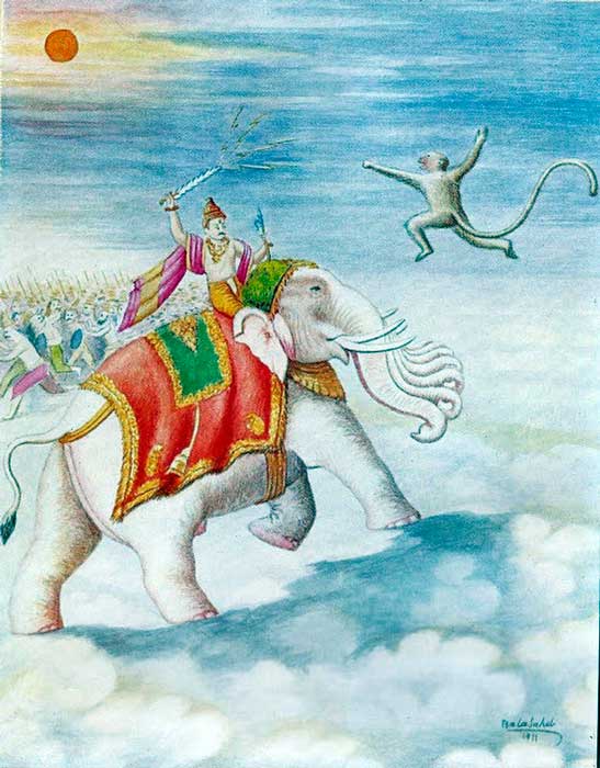 “Hanuman peleando con Indra por la fruta del Sol”. Balasaheb Pandit Pant Pratinidhi (1916). “Hanuman peleando con Indra por la fruta del Sol”. Balasaheb Pandit Pant Pratinidhi (1916).