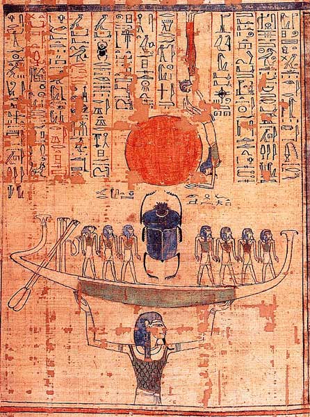Nun, dios de las aguas del caos, levanta la barca del dios sol Ra simbolizado por el escarabajo y el disco solar. Libro de los Muertos de Anhai. 1050 a.c. Nun, dios de las aguas del caos, levanta la barca del dios sol Ra simbolizado por el escarabajo y el disco solar. Libro de los Muertos de Anhai. 1050 a.c.