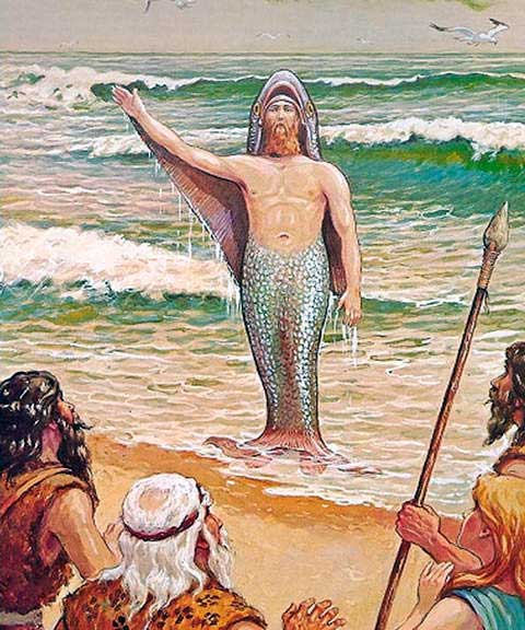 Apkallu Babilonia. Augustus Knapp, Representa la salida del mar del ser anfibio (Apkallu) llamado OANNES o UAN. El primero de los mensajeros «divino» que vino a «instruir» a los primeros hombres en Babilonia. Apkallu Babilonia. Augustus Knapp, Representa la salida del mar del ser anfibio (Apkallu) llamado OANNES o UAN. El primero de los mensajeros «divino» que vino a «instruir» a los primeros hombres en Babilonia.