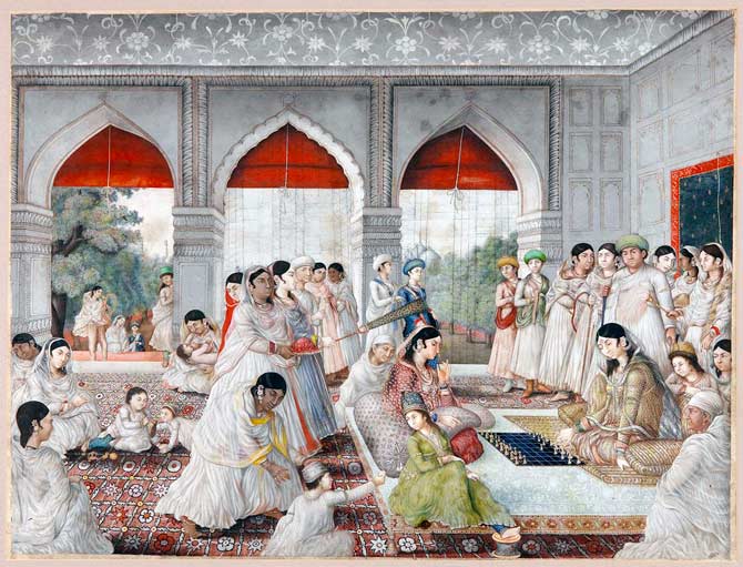 Damas en la vida de la corte durante el entretenimiento de ajedrez. Nevasi Lal. 1790/1800.