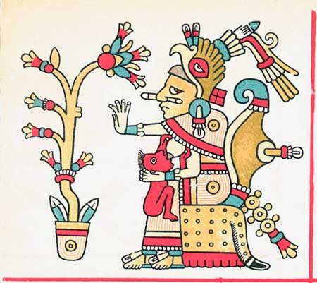 Flor Preciosa (Xochiquétzal) entregando la leche de la sabiduría al iniciado-niño. Se ve claramente un quetzal a manera de yelmo, símbolo de la energía del Tercer Logos. [Códice Fejérváry-Mayer 29]